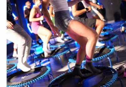 A HIIT Fit Bounce rebounding class mid-session