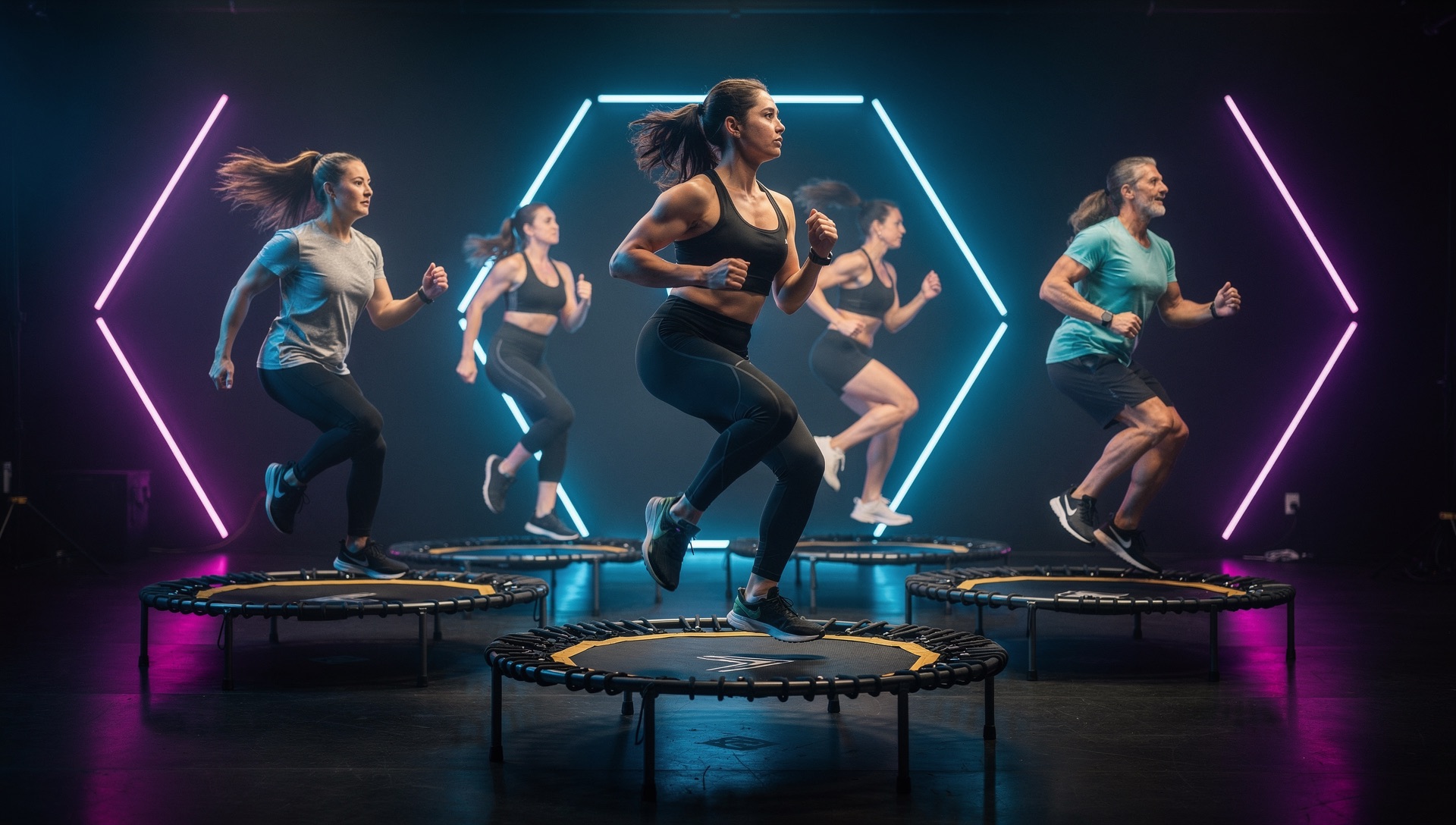 The studio floor lit for an evening session, trampolines in a row